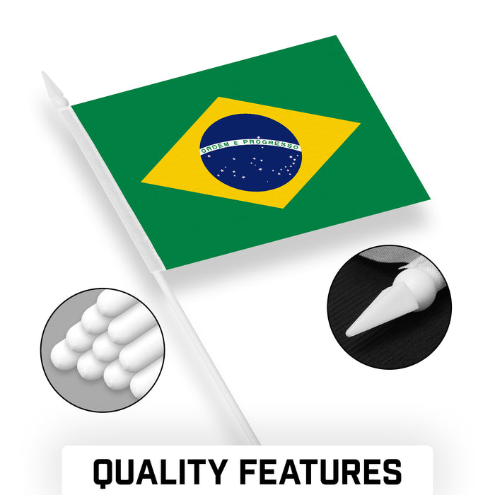 G128 30 Pack Handheld Brazil Brazilian Stick Flags | 4x6 In | Printed 150D Polyester, Country Flag, Solid Plastic Stick, Spear White Tip