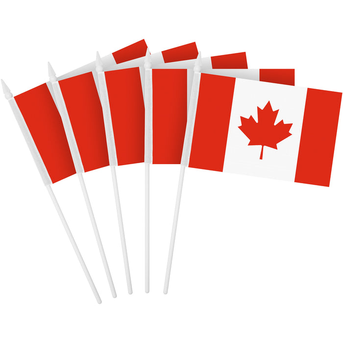 G128 30 Pack Handheld Canada Canadian Stick Flags | 4x6 In | Printed 150D Polyester, Country Flag, Solid Plastic Stick, Spear White Tip
