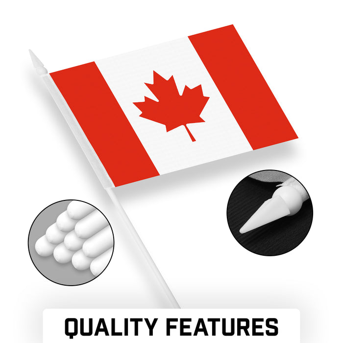 G128 10 Pack Handheld Canada Canadian Stick Flags | 4x6 In | Printed 150D Polyester, Country Flag, Solid Plastic Stick, Spear White Tip