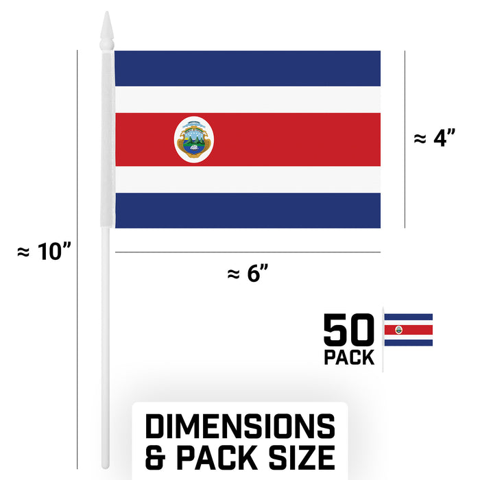 G128 50 Pack Handheld Costa Rica Costa Rican Stick Flags | 4x6 In | Printed 150D Polyester, Country Flag, Solid Plastic Stick, Spear White Tip