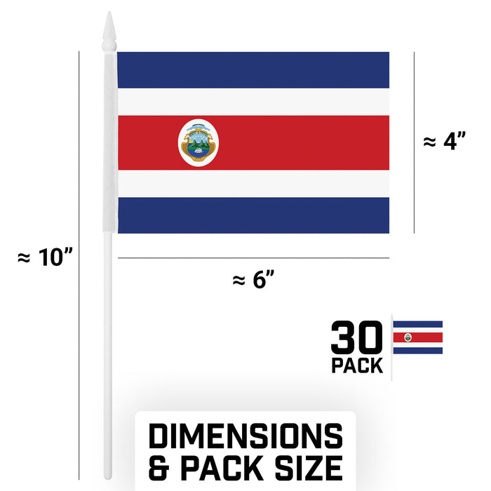 G128 30 Pack Handheld Costa Rica Costa Rican Stick Flags | 4x6 In | Printed 150D Polyester, Country Flag, Solid Plastic Stick, Spear White Tip