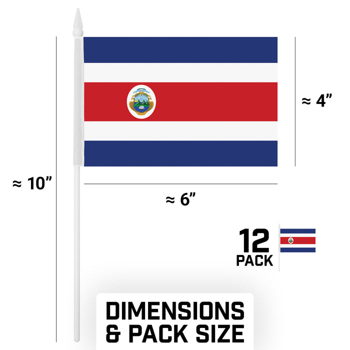 G128 10 Pack Handheld Costa Rica Costa Rican Stick Flags | 4x6 In | Printed 150D Polyester, Country Flag, Solid Plastic Stick, Spear White Tip