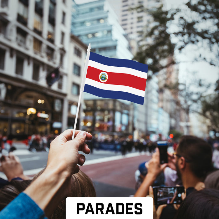 G128 10 Pack Handheld Costa Rica Costa Rican Stick Flags | 4x6 In | Printed 150D Polyester, Country Flag, Solid Plastic Stick, Spear White Tip