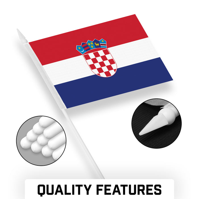 G128 10 Pack Handheld Croatia Croatian Stick Flags | 4x6 In | Printed 150D Polyester, Country Flag, Solid Plastic Stick, Spear White Tip