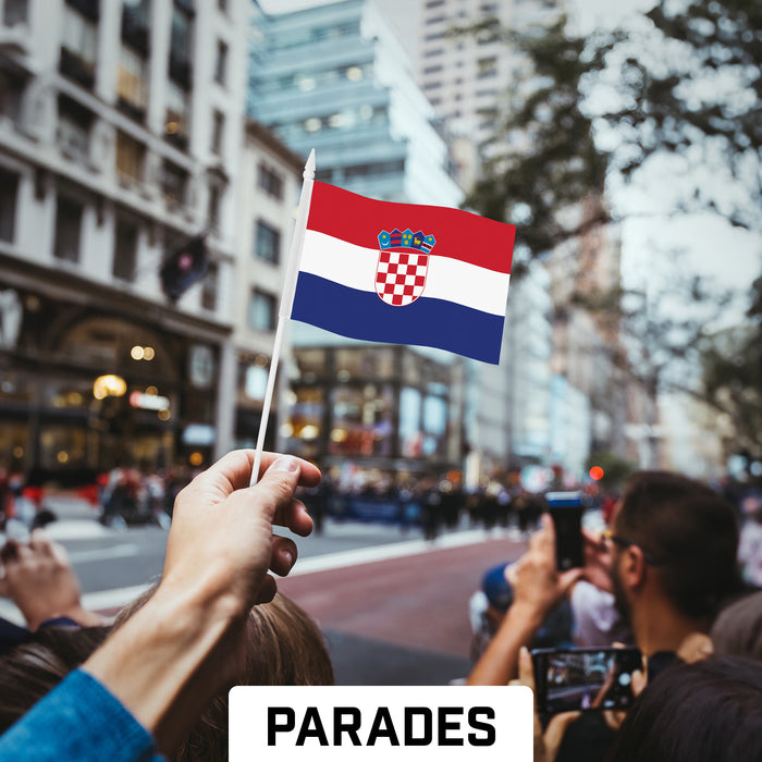 G128 10 Pack Handheld Croatia Croatian Stick Flags | 4x6 In | Printed 150D Polyester, Country Flag, Solid Plastic Stick, Spear White Tip
