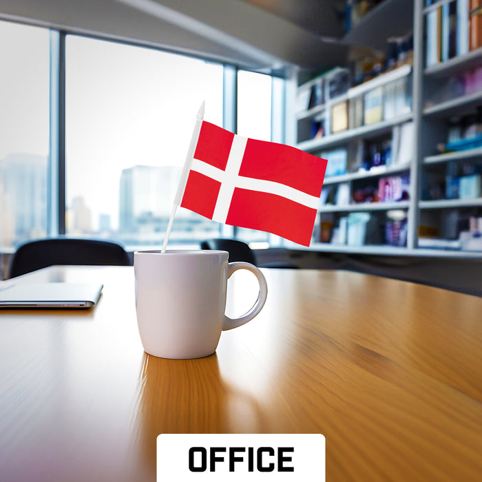 G128 10 Pack Handheld Denmark Stick Flags | 4x6 In | Printed 150D Polyester, Country Flag, Solid Plastic Stick, Spear White Tip