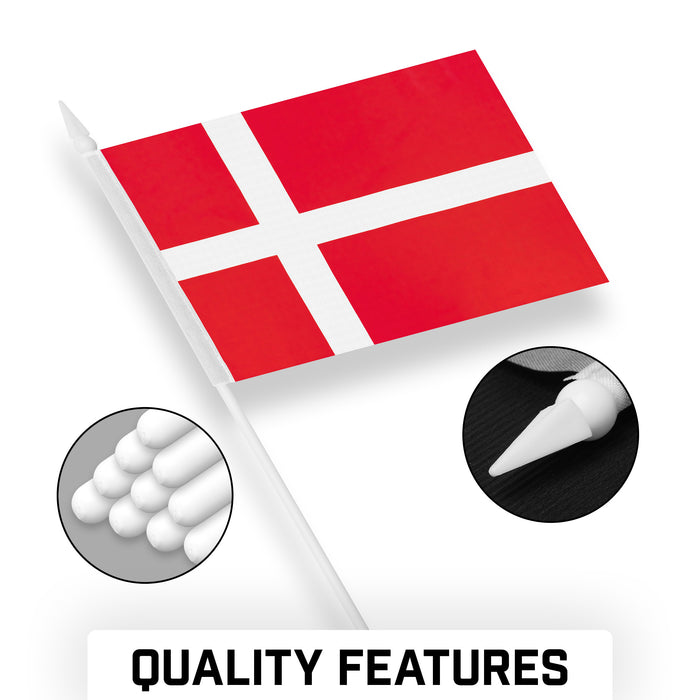 G128 10 Pack Handheld Denmark Stick Flags | 4x6 In | Printed 150D Polyester, Country Flag, Solid Plastic Stick, Spear White Tip