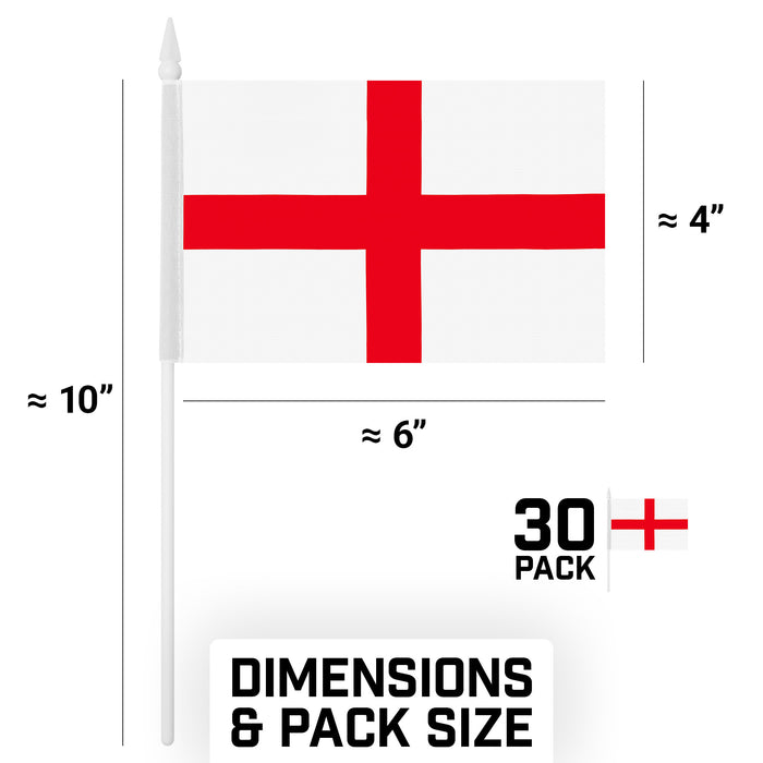 G128 30 Pack Handheld England English Stick Flags | 4x6 In | Printed 150D Polyester, Country Flag, Solid Plastic Stick, Spear White Tip