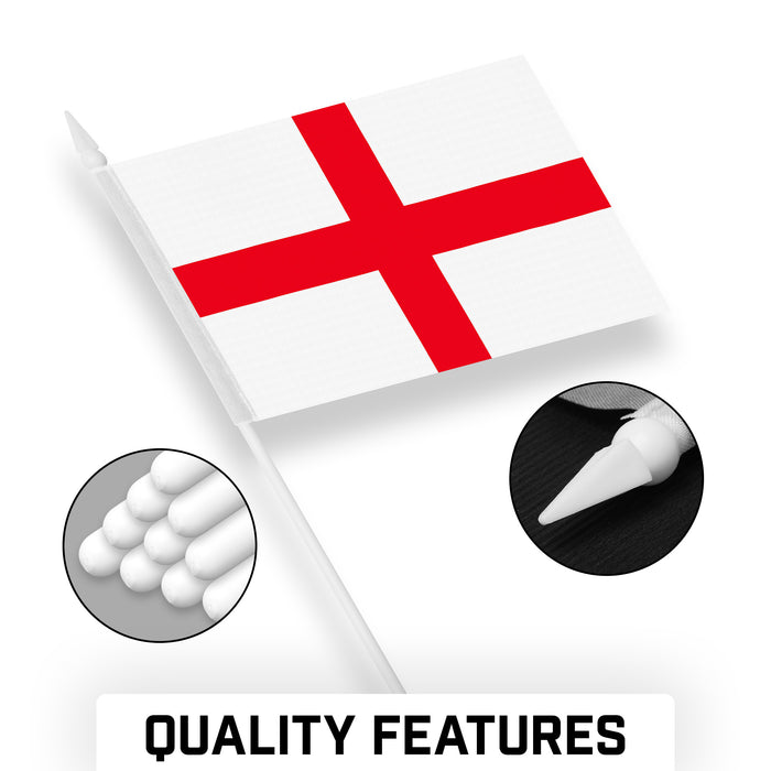 G128 10 Pack Handheld England Stick Flags | 4x6 In | Printed 150D Polyester, Country Flag, Solid Plastic Stick, Spear White Tip