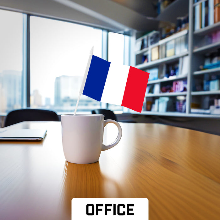 G128 50 Pack Handheld France French Stick Flags | 4x6 In | Printed 150D Polyester, Country Flag, Solid Plastic Stick, Spear White Tip