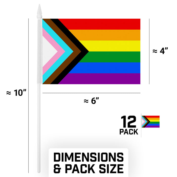 G128 12 Pack Handheld LGBT Progress Rainbow Pride Stick Flags | 4x6 In | Printed 150D Polyester, Social Flag, Solid Plastic Stick, Spear White Tip
