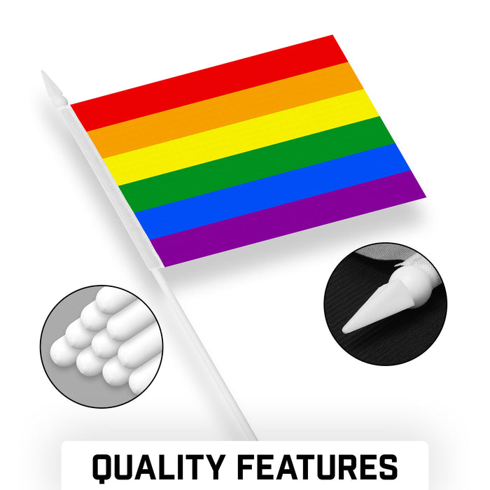 G128 24 Pack Handheld LGBT Rainbow Pride Stick Flags | 4x6 In | Printed 150D Polyester, Social Flag, Solid Plastic Stick, Spear White Tip