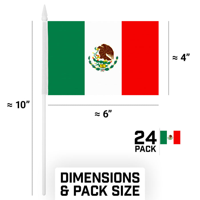 G128 24 Pack Handheld Mexico Mexican Stick Flags | 4x6 In | Printed 150D Polyester, Country Flag, Solid Plastic Stick, Spear White Tip