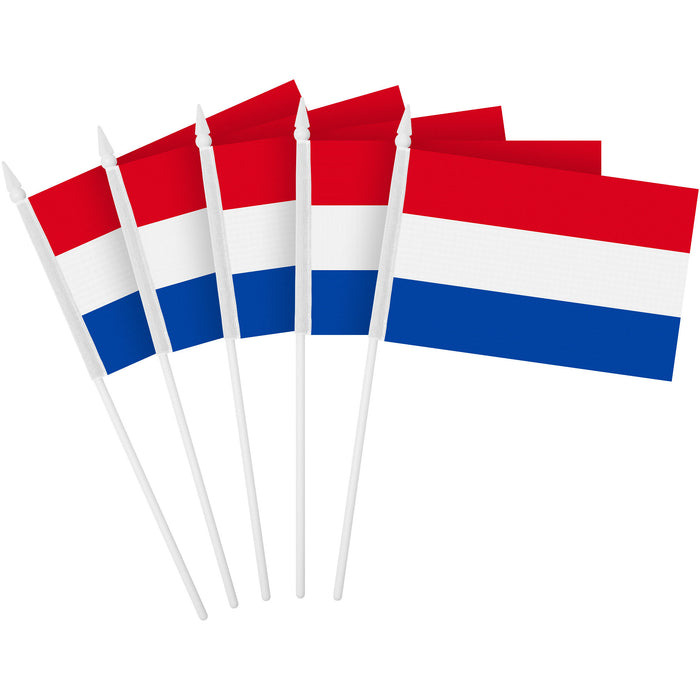 G128 30 Pack Handheld Netherlands Dutch Stick Flags | 4x6 In | Printed 150D Polyester, Country Flag, Solid Plastic Stick, Spear White Tip