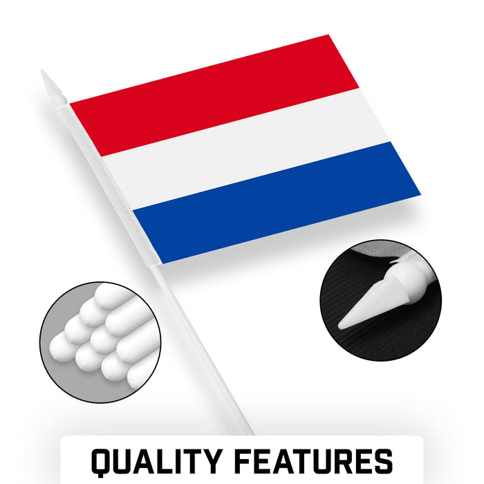 G128 10 Pack Handheld Netherlands Dutch Stick Flags | 4x6 In | Printed 150D Polyester, Country Flag, Solid Plastic Stick, Spear White Tip
