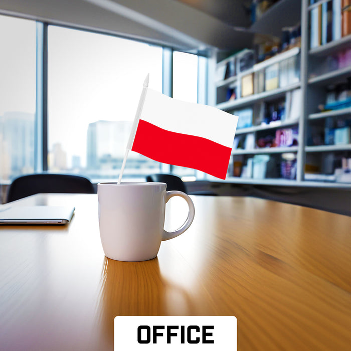 G128 30 Pack Handheld Poland Polish Stick Flags | 4x6 In | Printed 150D Polyester, Country Flag, Solid Plastic Stick, Spear White Tip
