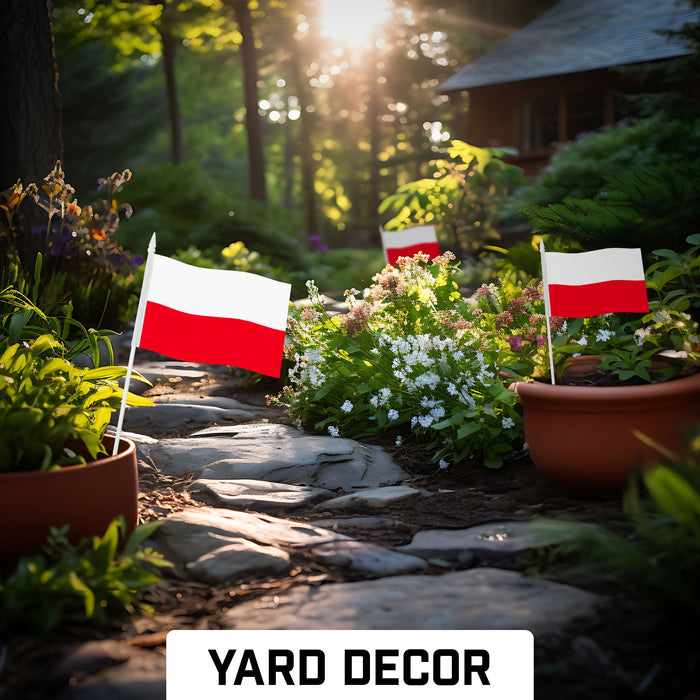 G128 10 Pack Handheld Poland Polish Stick Flags | 4x6 In | Printed 150D Polyester, Country Flag, Solid Plastic Stick, Spear White Tip