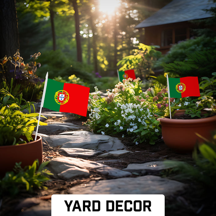 G128 10 Pack Handheld Portugal Portuguese Stick Flags | 4x6 In | Printed 150D Polyester, Country Flag, Solid Plastic Stick, Spear White Tip