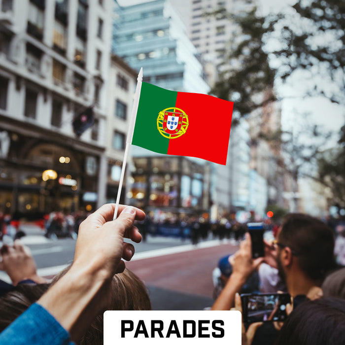 G128 10 Pack Handheld Portugal Portuguese Stick Flags | 4x6 In | Printed 150D Polyester, Country Flag, Solid Plastic Stick, Spear White Tip