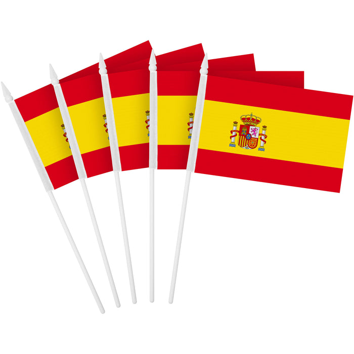G128 24 Pack Handheld Spain Spanish Stick Flags | 4x6 In | Printed 150D Polyester, Country Flag, Solid Plastic Stick, Spear White Tip
