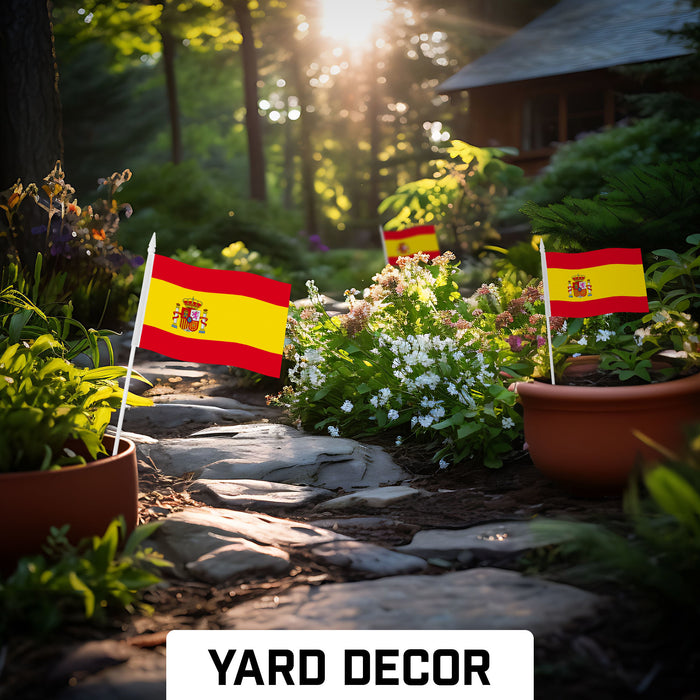 G128 10 Pack Handheld Spain Spanish Stick Flags | 4x6 In | Printed 150D Polyester, Country Flag, Solid Plastic Stick, Spear White Tip