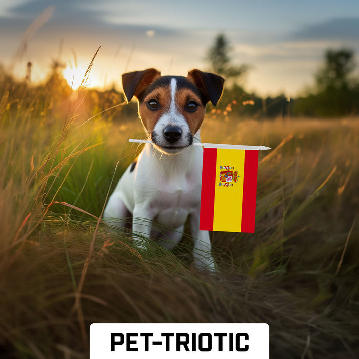 G128 10 Pack Handheld Spain Spanish Stick Flags | 4x6 In | Printed 150D Polyester, Country Flag, Solid Plastic Stick, Spear White Tip