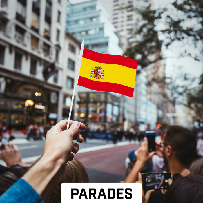 G128 30 Pack Handheld Spain Spanish Stick Flags | 4x6 In | Printed 150D Polyester, Country Flag, Solid Plastic Stick, Spear White Tip