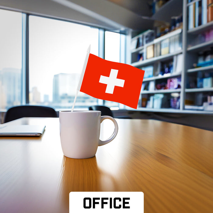 G128 10 Pack Handheld Switzerland Swiss Stick Flags | 4x6 In | Printed 150D Polyester, Country Flag, Solid Plastic Stick, Spear White Tip