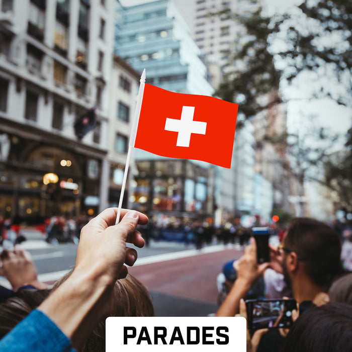 G128 10 Pack Handheld Switzerland Swiss Stick Flags | 4x6 In | Printed 150D Polyester, Country Flag, Solid Plastic Stick, Spear White Tip