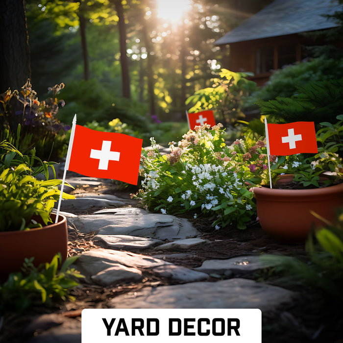 G128 10 Pack Handheld Switzerland Swiss Stick Flags | 4x6 In | Printed 150D Polyester, Country Flag, Solid Plastic Stick, Spear White Tip