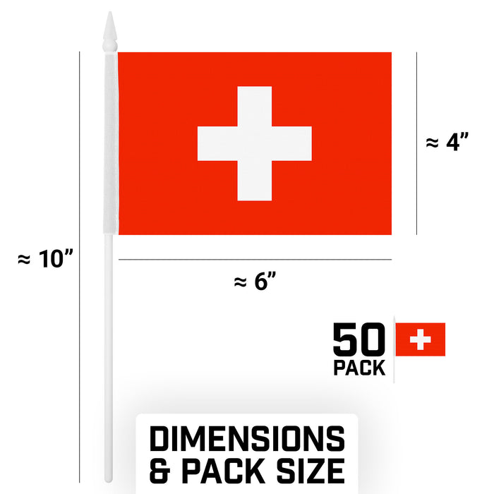 G128 50 Pack Handheld Switzerland Swiss Stick Flags | 4x6 In | Printed 150D Polyester, Country Flag, Solid Plastic Stick, Spear White Tip