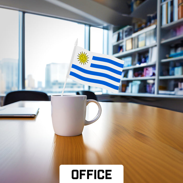 G128 10 Pack Handheld Uruguay Stick Flags | 4x6 In | Printed 150D Polyester, Country Flag, Solid Plastic Stick, Spear White Tip