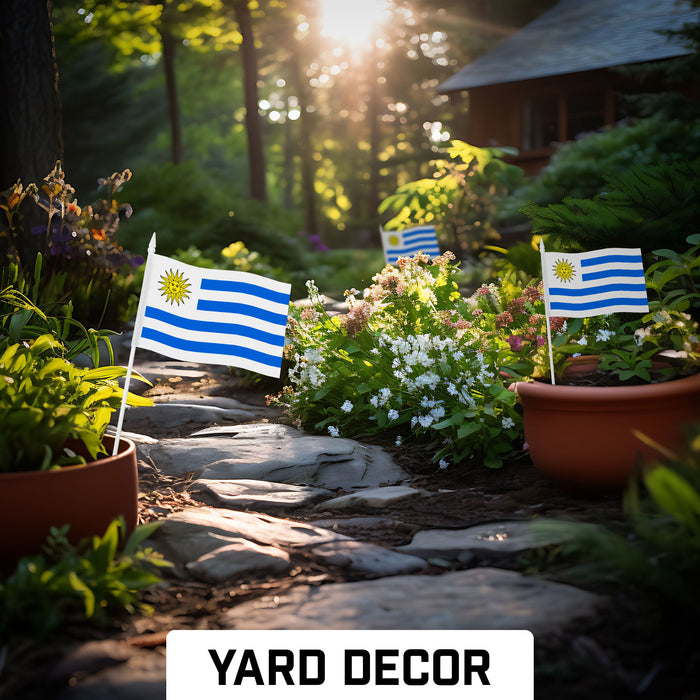 G128 10 Pack Handheld Uruguay Stick Flags | 4x6 In | Printed 150D Polyester, Country Flag, Solid Plastic Stick, Spear White Tip