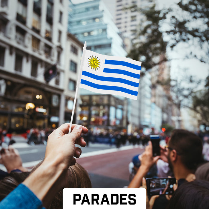 G128 10 Pack Handheld Uruguay Stick Flags | 4x6 In | Printed 150D Polyester, Country Flag, Solid Plastic Stick, Spear White Tip