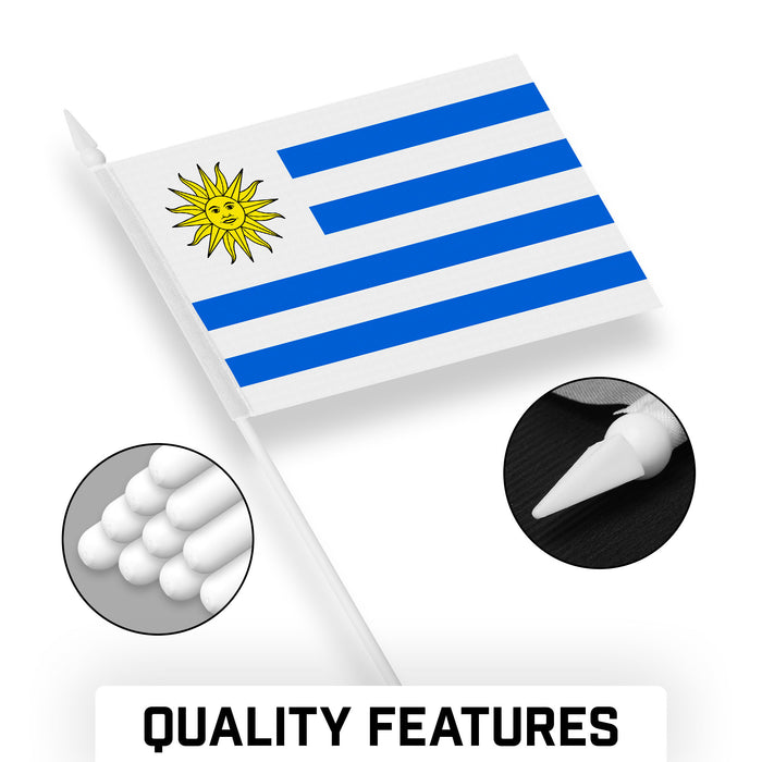 G128 10 Pack Handheld Uruguay Stick Flags | 4x6 In | Printed 150D Polyester, Country Flag, Solid Plastic Stick, Spear White Tip