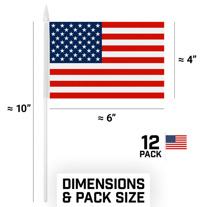 G128 12 Pack Handheld American USA Stick Flags | 4x6 In | Printed 150D Polyester, Counrty Flag, Solid Plastic Stick, Spear White Tip, Great for Patriotic Decorations