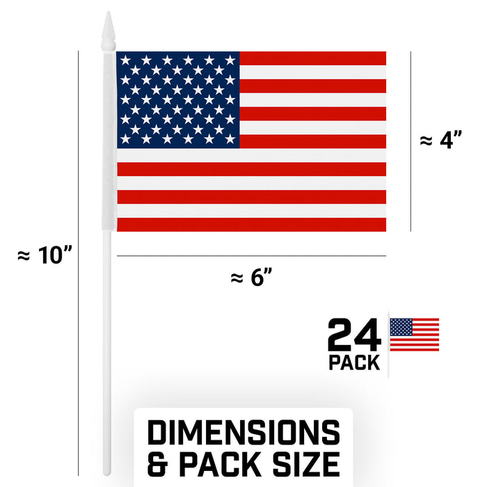 G128 24 Pack Handheld American USA Stick Flags | 4x6 In | Printed 150D Polyester, Counrty Flag, Solid Plastic Stick, Spear White Tip, Great for Patriotic Decorations