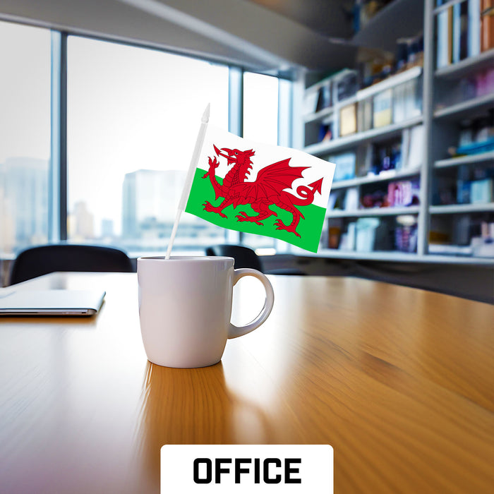 G128 10 Pack Handheld Wales Welsh Stick Flags | 4x6 In | Printed 150D Polyester, Country Flag, Solid Plastic Stick, Spear White Tip