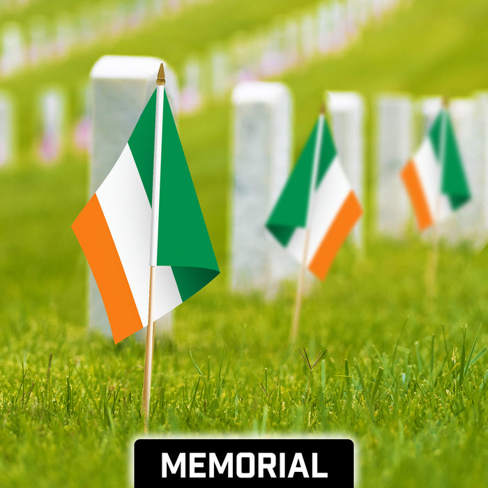 G128 50 Pack Handheld Ireland Irish Stick Flags | 12x18 In | Printed 150D Polyester, Country Flag, Solid Wooden Stick, Spear Gold Tip