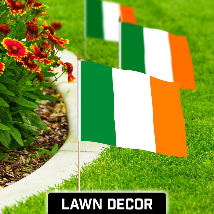 G128 10 Pack Handheld Ireland Irish Stick Flags | 12x18 In | Printed 150D Polyester, Country Flag, Solid Plastic Stick, Spear White Tip