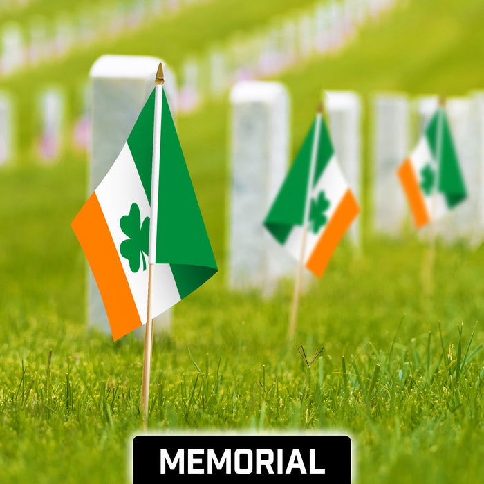 G128 10 Pack Handheld Ireland Shamrock Irish Stick Flags | 12x18 In | Printed 150D Polyester, Country Flag, Solid Plastic Stick, Spear White Tip