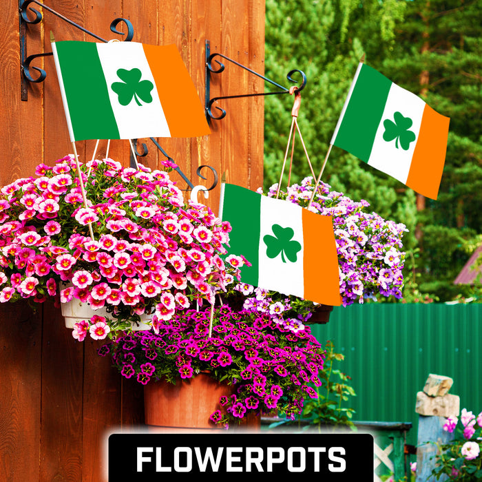 G128 30 Pack Handheld Ireland Shamrock Irish Stick Flags | 12x18 In | Printed 150D Polyester, Country Flag, Solid Wooden Stick, Spear Gold Tip