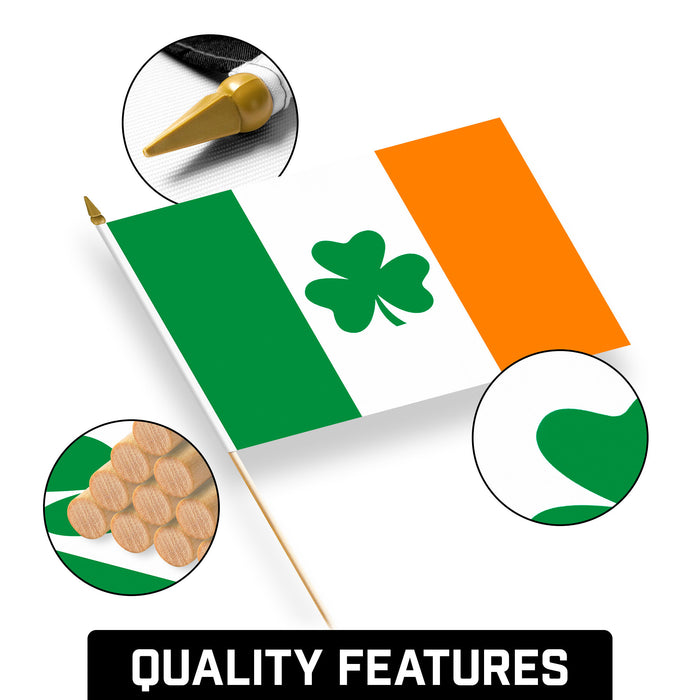 G128 30 Pack Handheld Ireland Shamrock Irish Stick Flags | 12x18 In | Printed 150D Polyester, Country Flag, Solid Wooden Stick, Spear Gold Tip