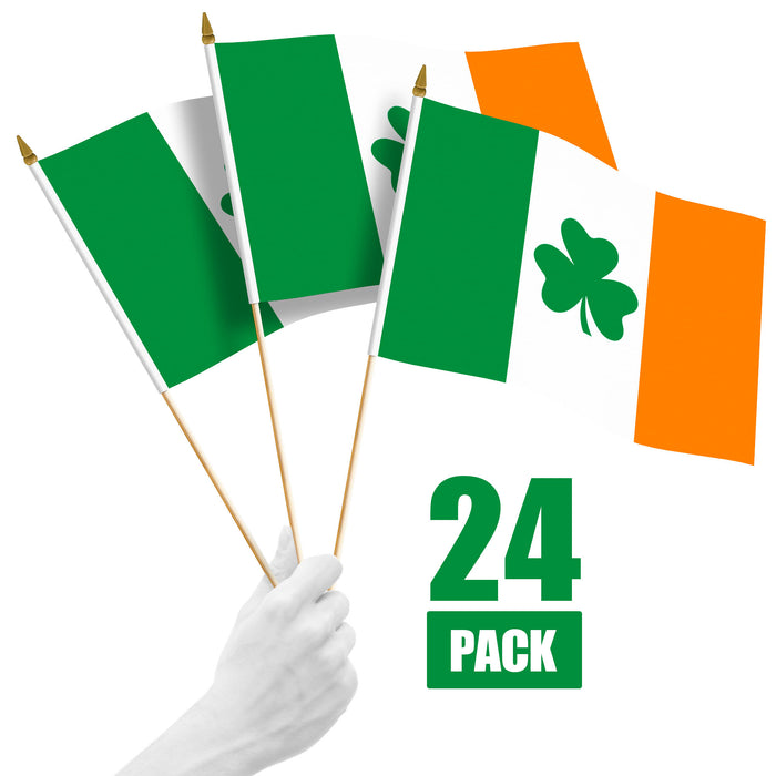 G128 24 Pack Handheld Ireland Shamrock Irish Stick Flags | 12x18 In | Printed 150D Polyester, Country Flag, Solid Wooden Stick, Spear Gold Tip