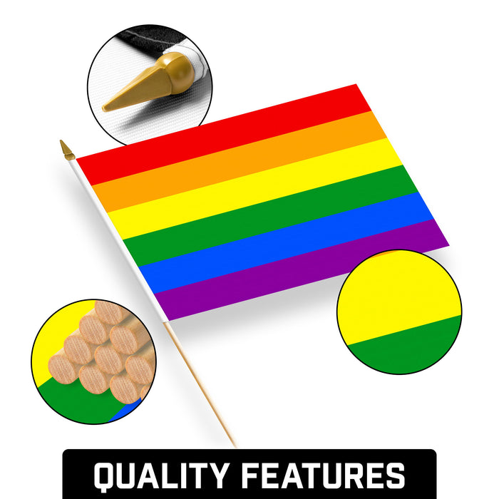 G128 30 Pack Handheld LGBT Rainbow Pride Stick Flags | 12x18 In | Printed 150D Polyester, Country Flag, Solid Wooden Stick, Spear Gold Tip