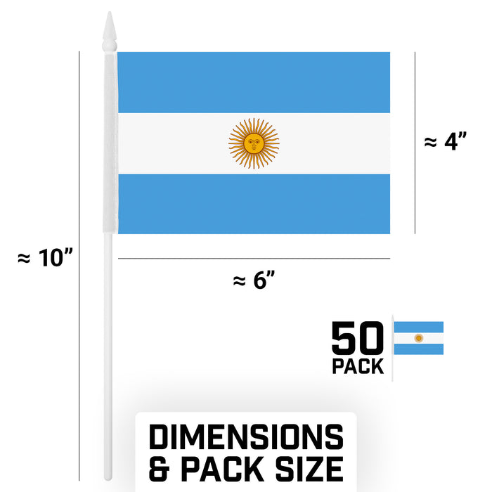 G128 50 Pack Handheld Argentina Argentinian Stick Flags | 4x6 In | Printed 150D Polyester, Country Flag, Solid Plastic Stick, Spear White Tip
