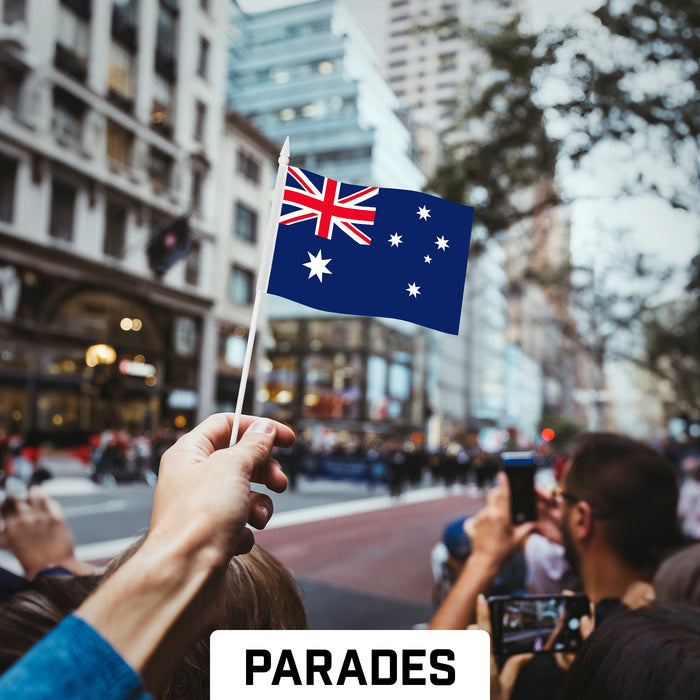 G128 10 Pack Handheld Australia Australian Stick Flags | 4x6 In | Printed 150D Polyester, Country Flag, Solid Plastic Stick, Spear White Tip