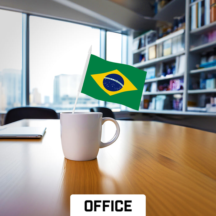 G128 50 Pack Handheld Brazil Brazilian Stick Flags | 4x6 In | Printed 150D Polyester, Country Flag, Solid Plastic Stick, Spear White Tip