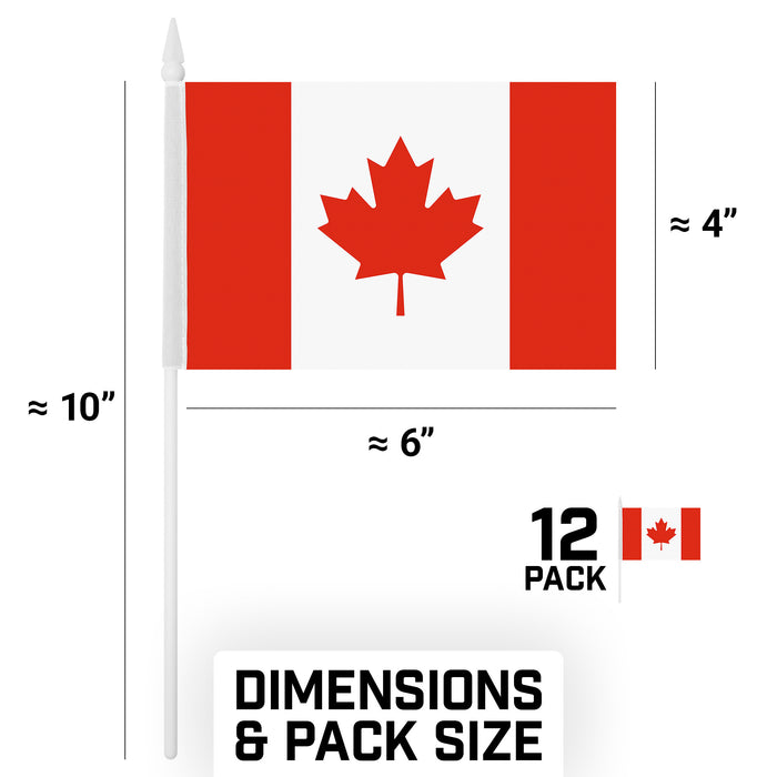 G128 10 Pack Handheld Canada Canadian Stick Flags | 4x6 In | Printed 150D Polyester, Country Flag, Solid Plastic Stick, Spear White Tip