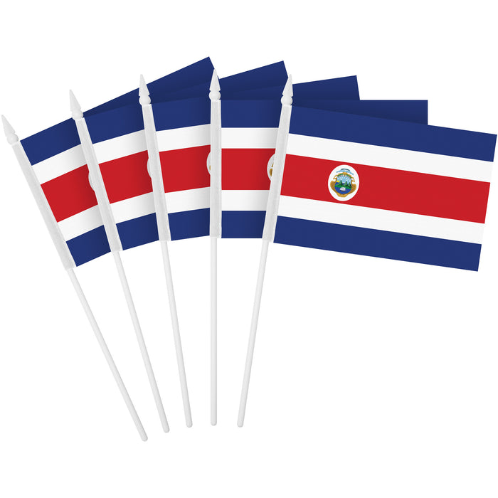 G128 12 Pack Handheld Costa Rica Costa Rican Stick Flags | 4x6 In | Printed 150D Polyester, Country Flag, Solid Plastic Stick, Spear White Tip